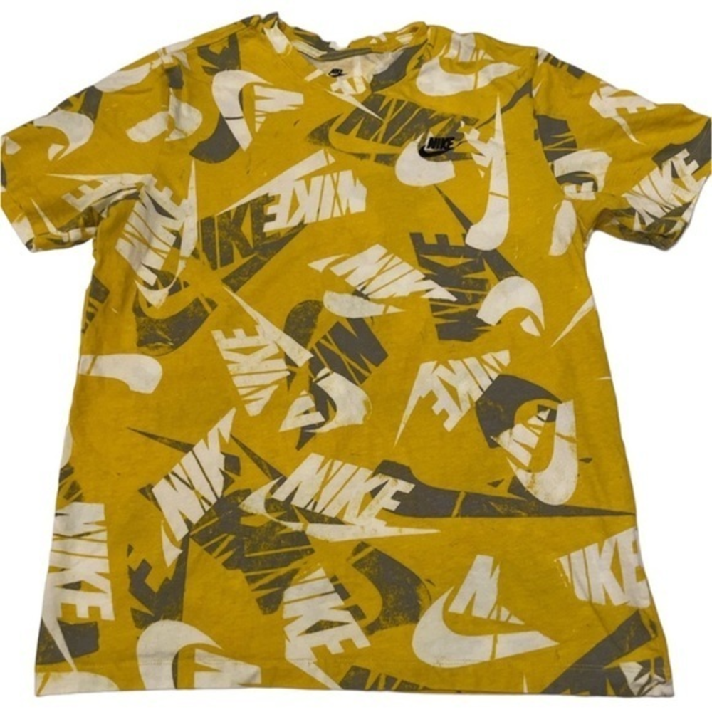 Nike Mens The Nike Tee All Over Print Swoosh Logo Shirt Mustard Yellow Medium
